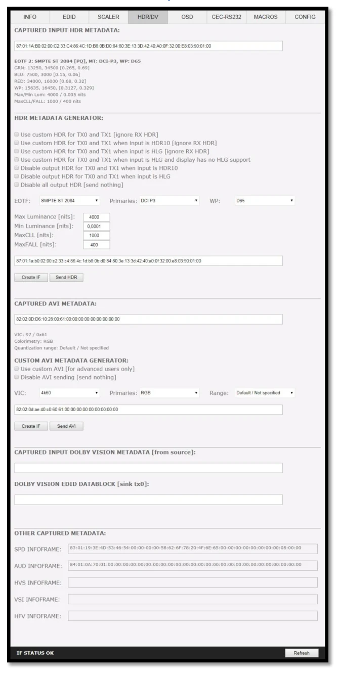 HDfury Vertex 2 – Webserver – HDR / DV-sectie