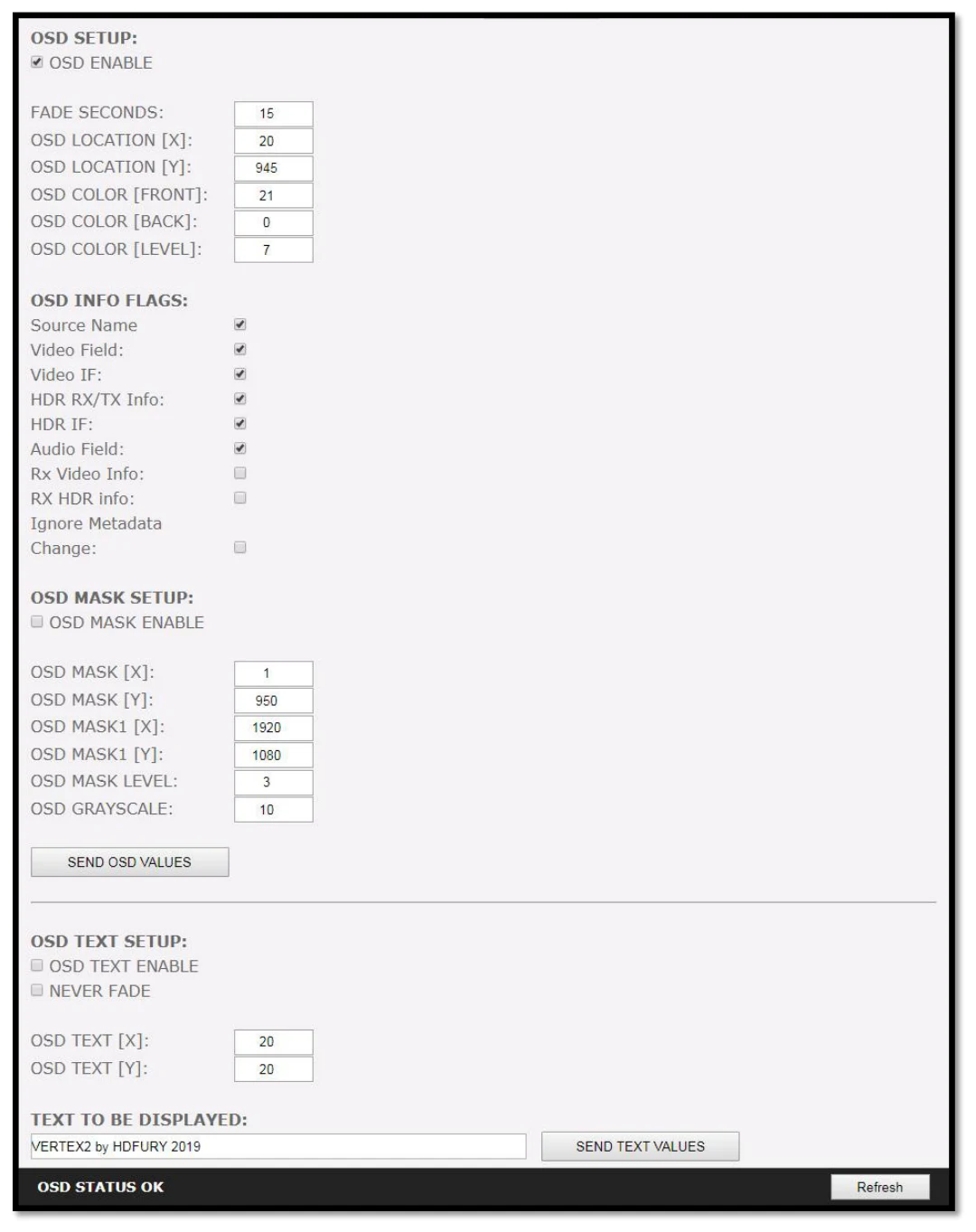 HDfury Vertex 2 – Webový server – sekce OSD