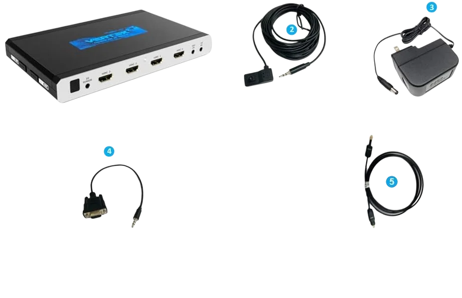 HDfury Vertex 2 – Vertex² package contents: unit, IR receiver cable, power supply, RS232 cable and optical cable