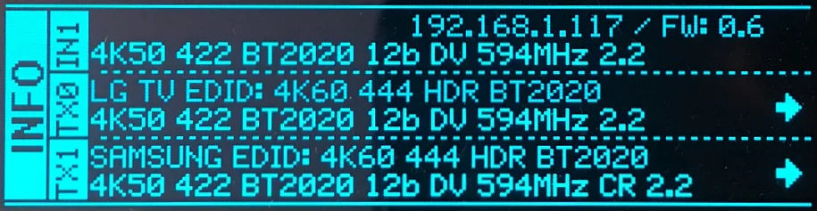 HDfury Vertex 2 – OLED-scherm van de Vertex² met informatie over het uitgaande HDMI-signaal
